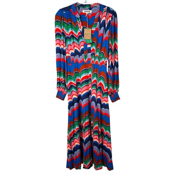Boden NEW Smocked Ivy Midi Dress Womens Size 2 2R Abstract Wave Colorful Pockets - Picture 2 of 12
